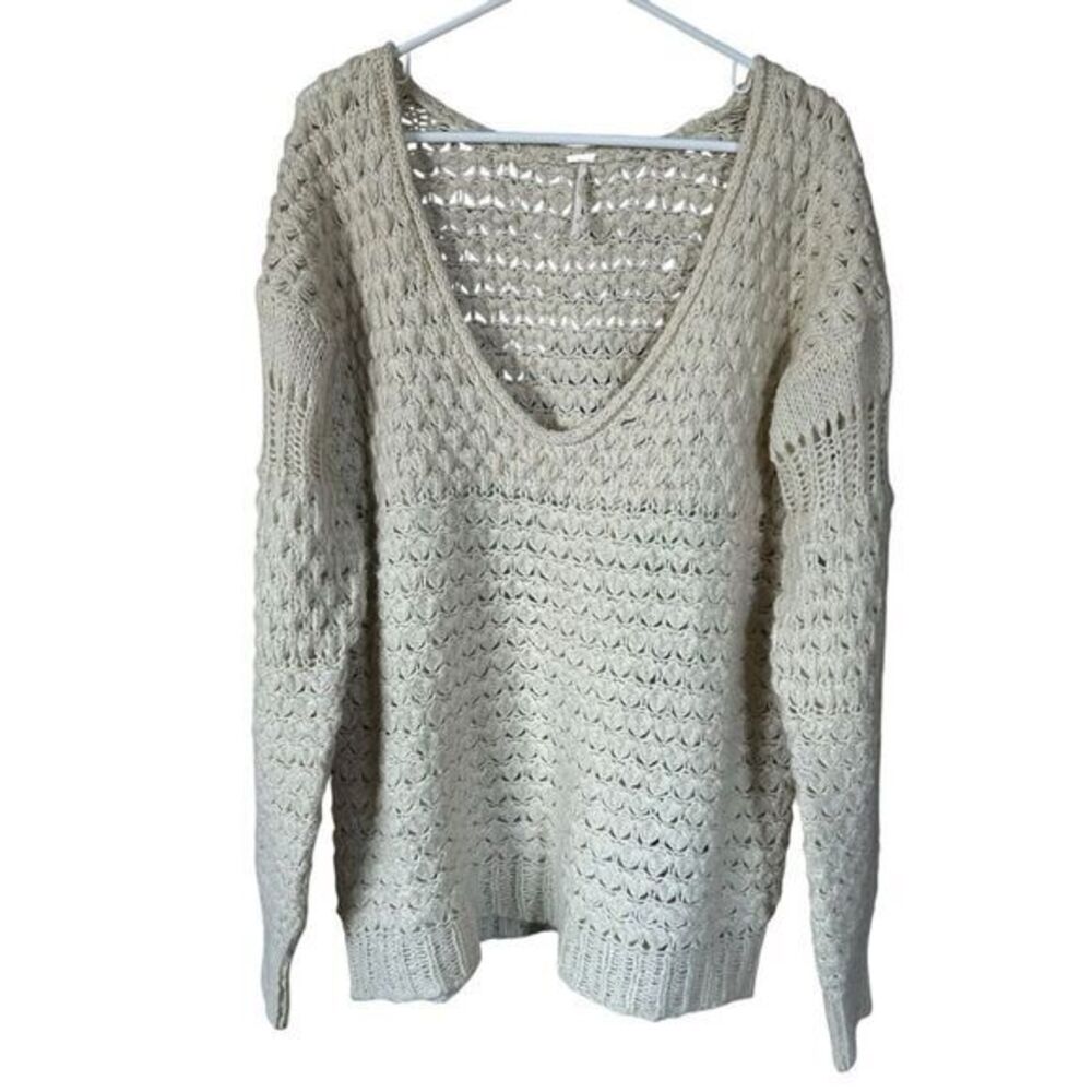 Free People Chunky Knit Boho Sweater Crotchet V Neck Oversize Womens‎ Size Large